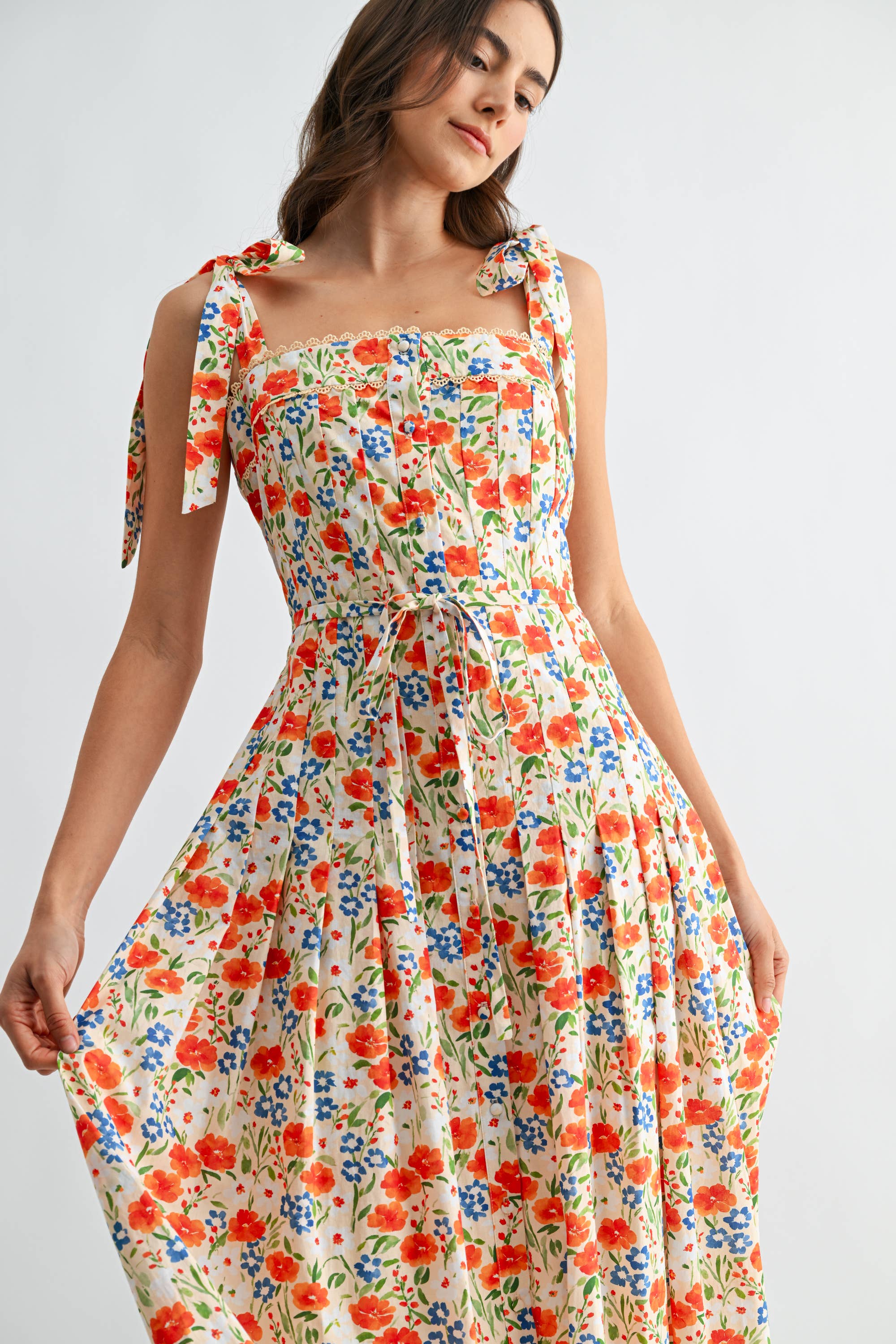 Camellia Floral Tie-Shoulder Belted Midi Dress