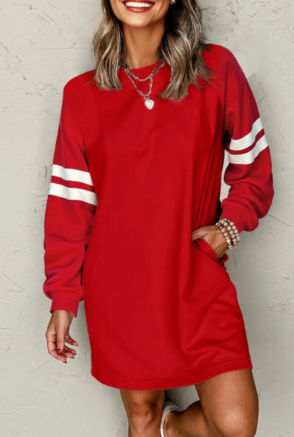 Red Varsity Banded Sleeve Dress