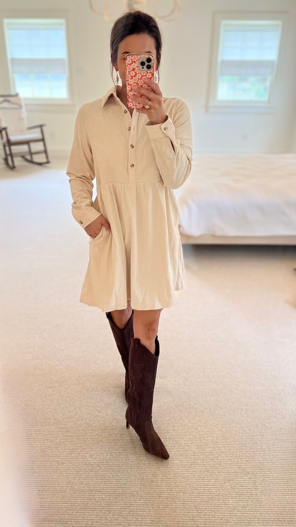 Oatmeal Corduroy Button Mini Dress