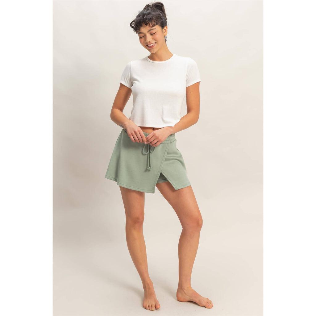 Sage Green Wrap Front Elastic Waist Skort