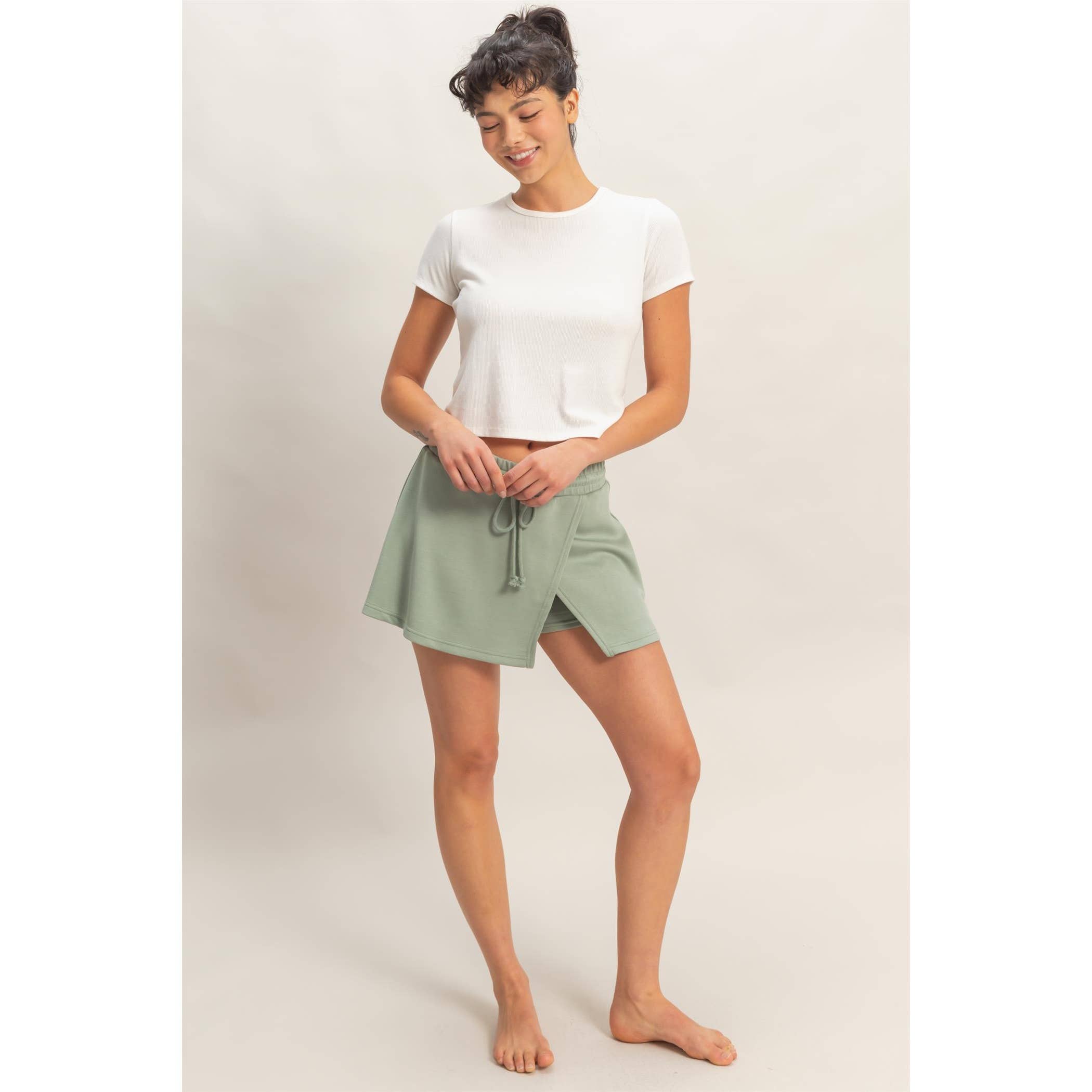 Sage Green Wrap Front Elastic Waist Skort