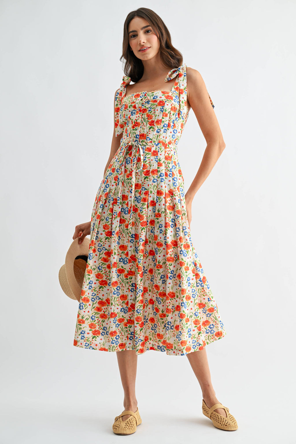 Camellia Floral Tie-Shoulder Belted Midi Dress