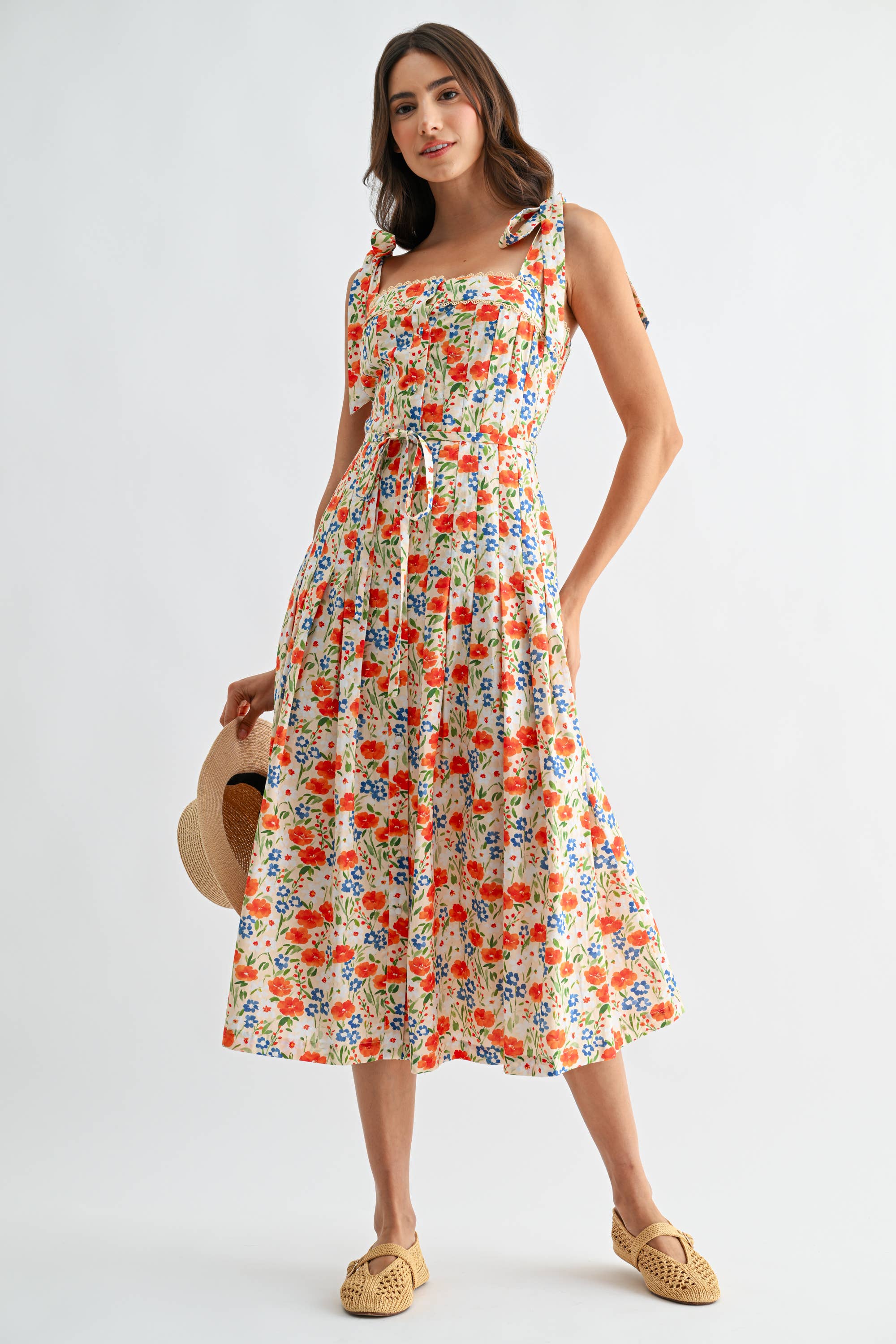 Camellia Floral Tie-Shoulder Belted Midi Dress