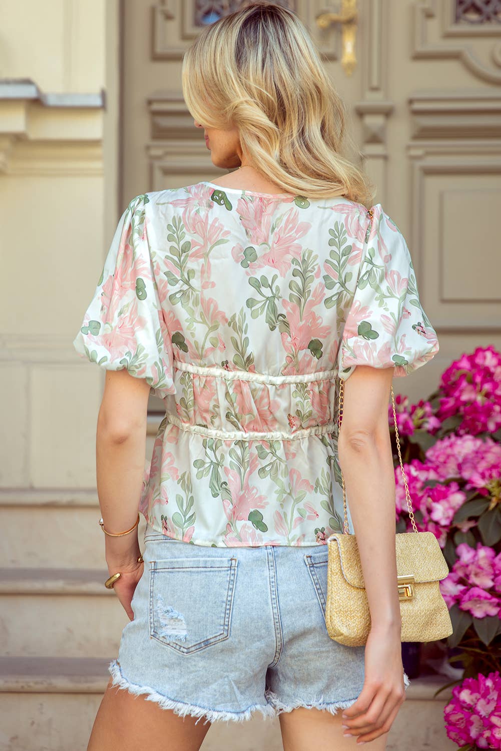 Floral Puff Sleeve V Neck Tied Front Peplum Blouse
