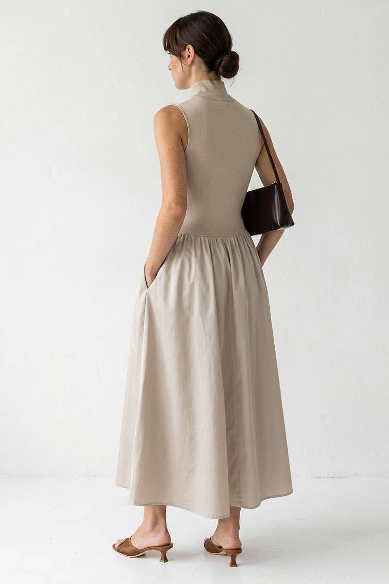 Tan Sleeveless Mock Neck Midi Dress