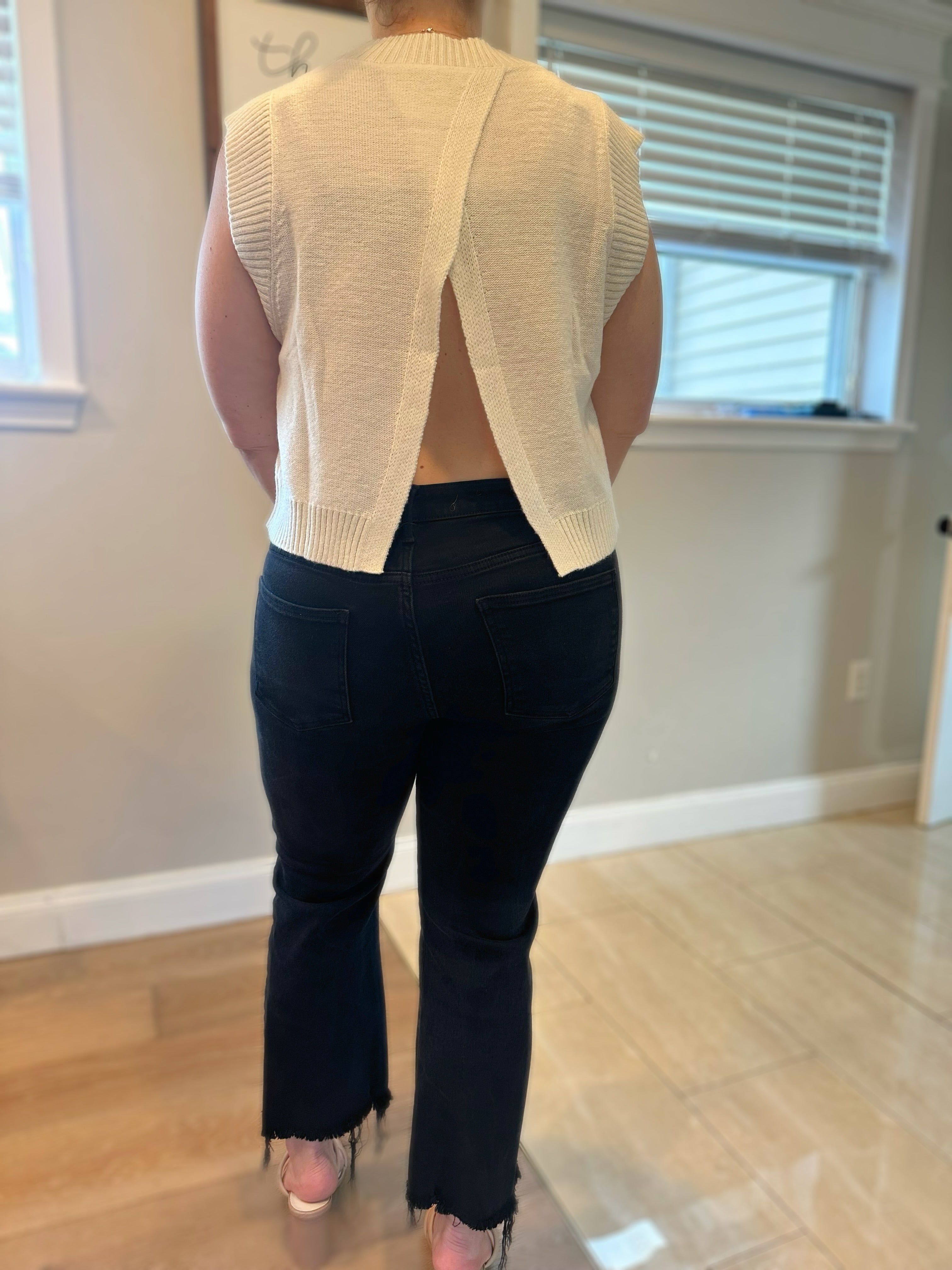 Cream Soft Knit Open-Back Vest with Ribbed Edge Detail
