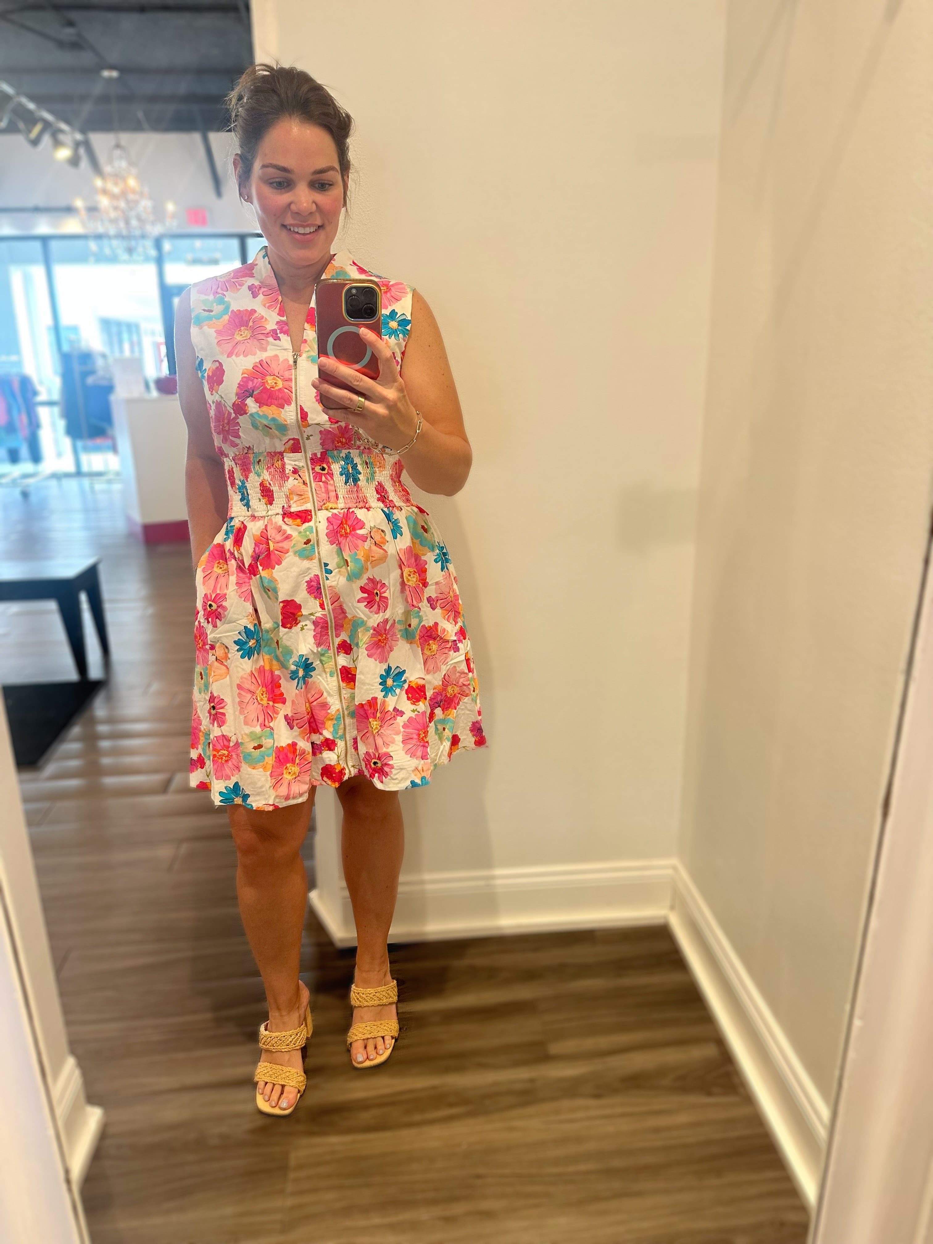 Pink Floral Print V-Neck Zip Up Smocked Waist Flared Mini Dress