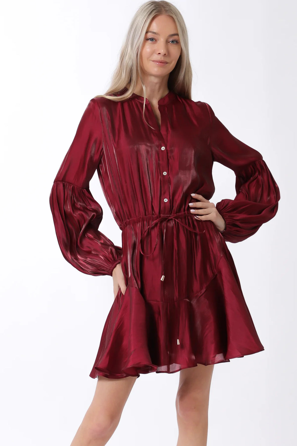 Aakaa Burgundy Long sleeve button down tie mini dress