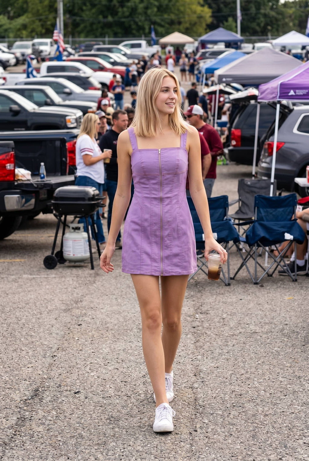 Baby Pink | Purple Stretch Cotton Twill Zip Front Mini Dress