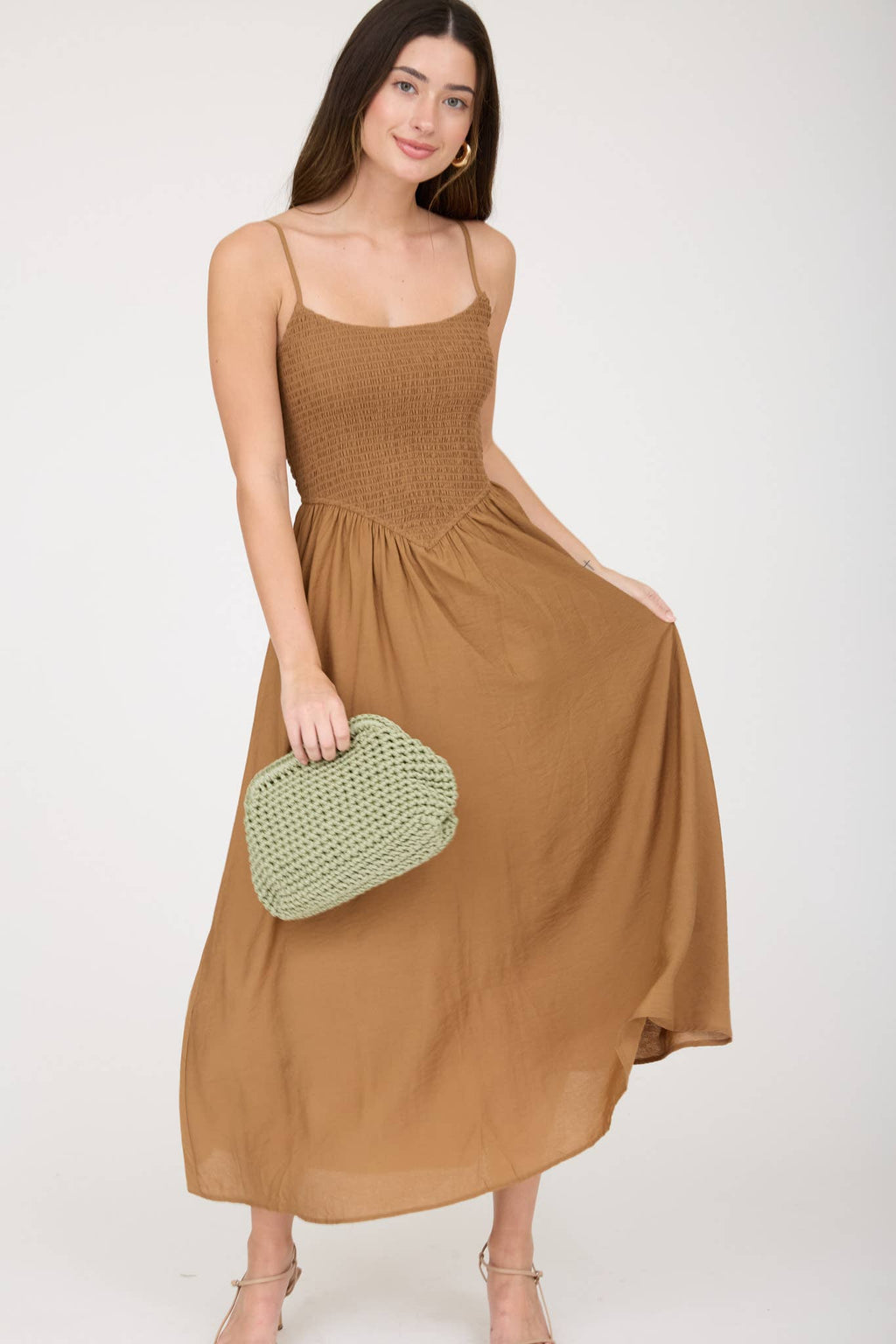 Brown Smocked Waist Midi Dress