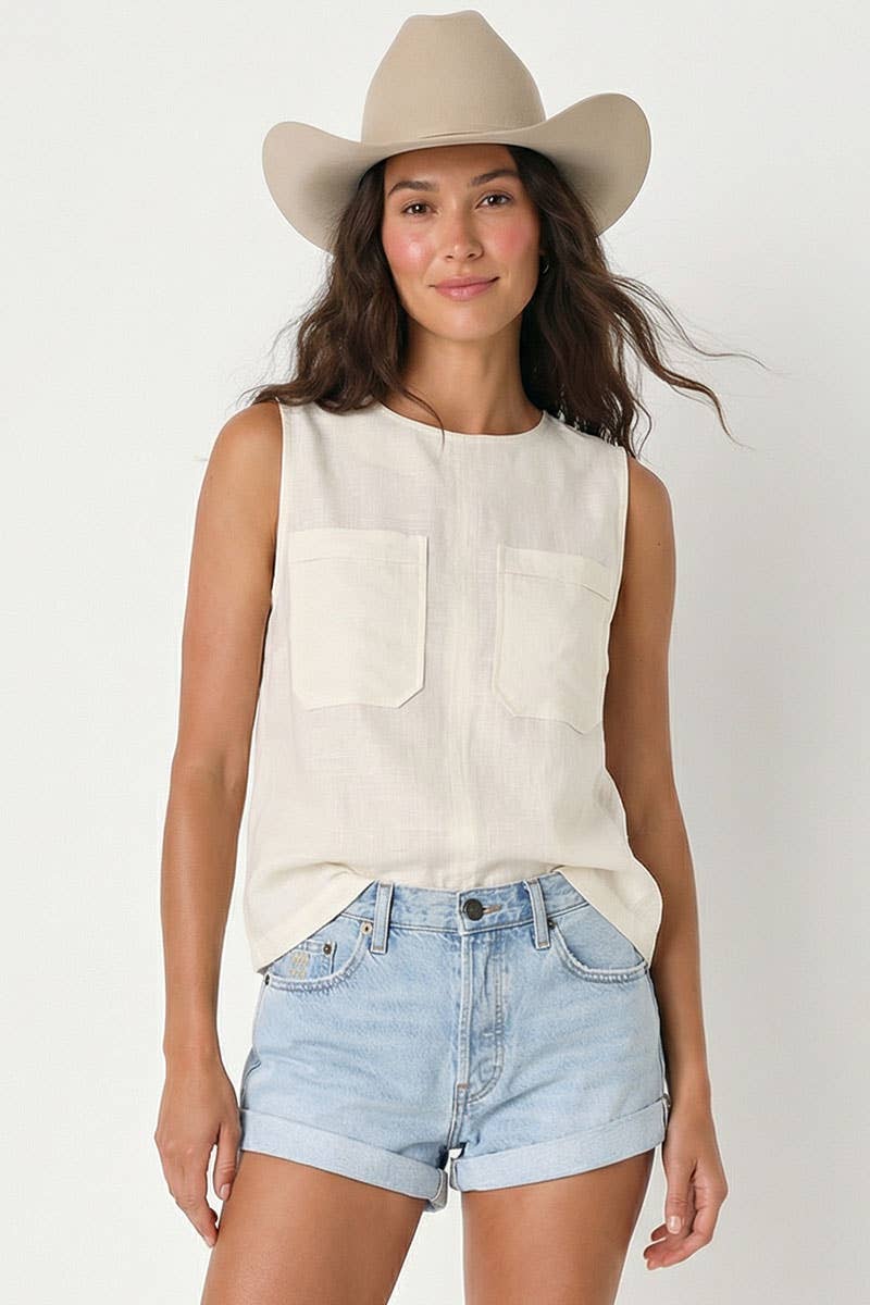 Off White Linen Blend Sleeveless Top with Back Zipper