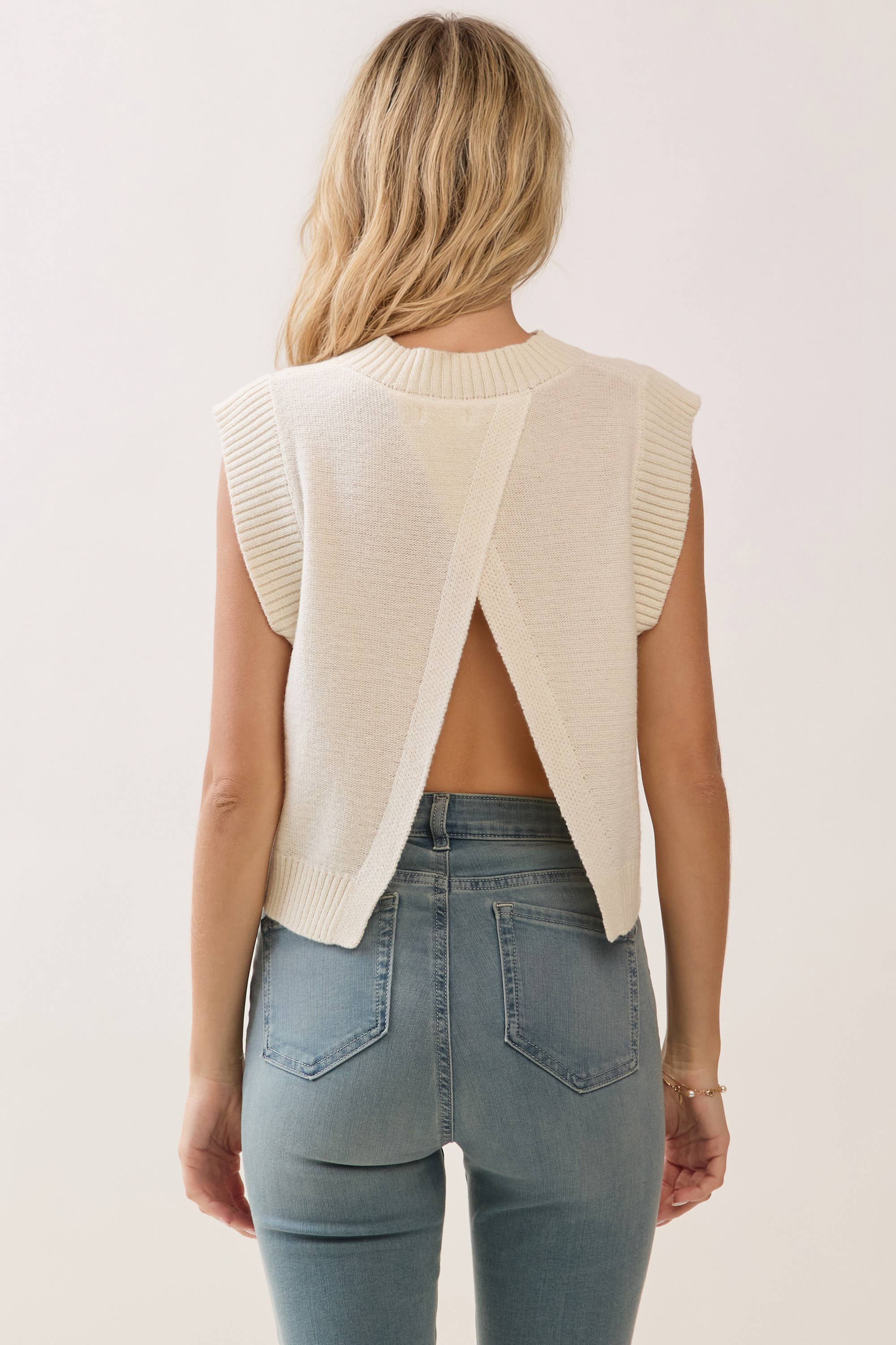 Cream Soft Knit Open-Back Vest with Ribbed Edge Detail