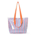Blue & Pink Striped Vinyl Tote Bag with Shoulder Strap | Large Beach & Travel Tote