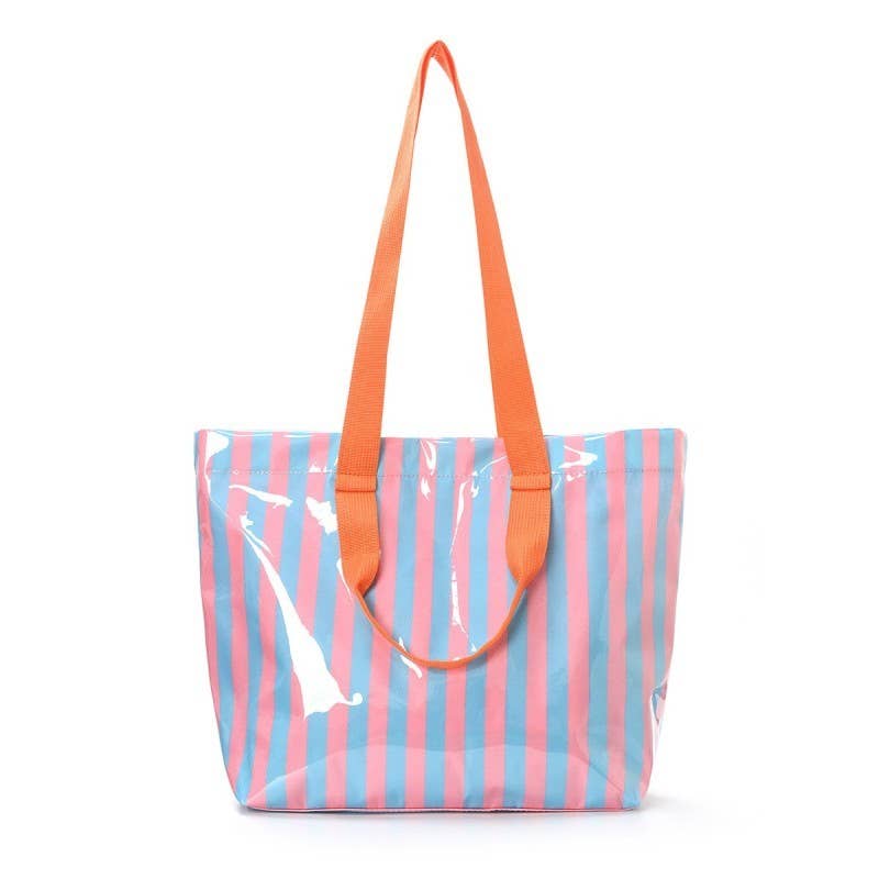 Blue & Pink Striped Vinyl Tote Bag with Shoulder Strap | Large Beach & Travel Tote