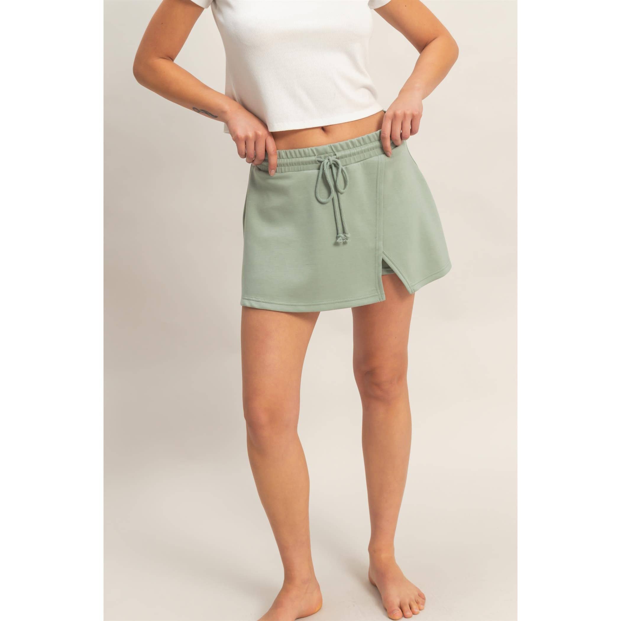 Sage Green Wrap Front Elastic Waist Skort