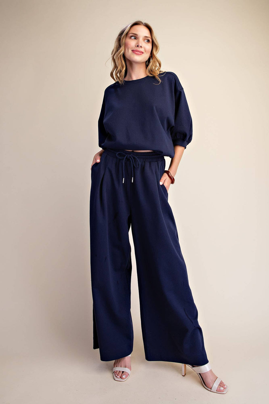 Glam | Bubble Sleeve Top and Wide Leg Pants Set