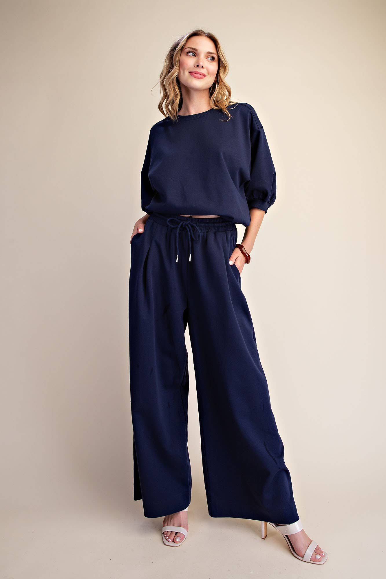 Glam | Bubble Sleeve Top and Wide Leg Pants Set