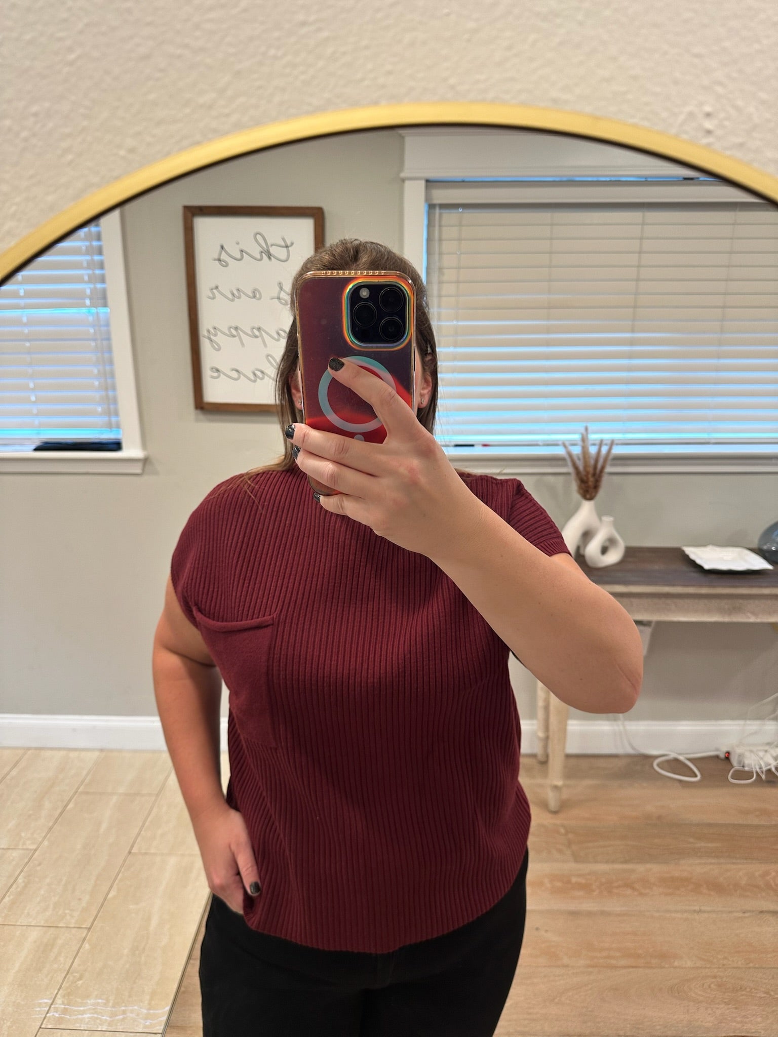 Maroon Ribbed knit Short Sleeve Sweater
