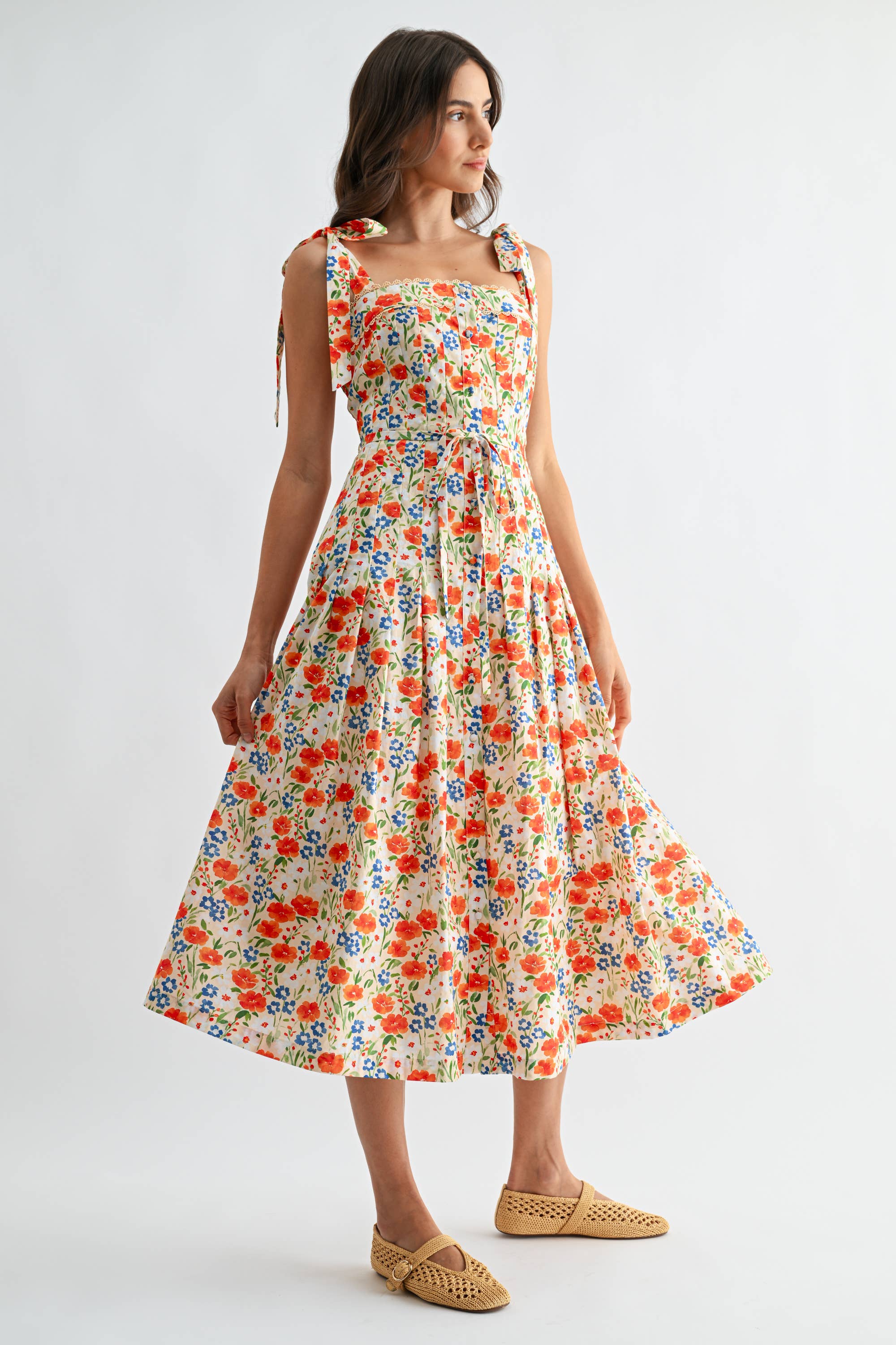 Camellia Floral Tie-Shoulder Belted Midi Dress