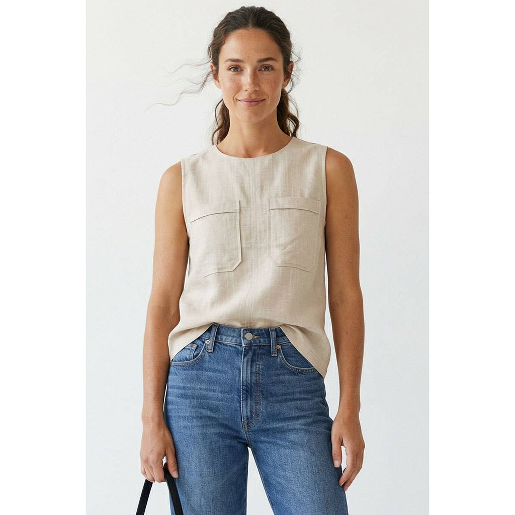 Naked Zebra | Women’s Linen Blend Sleeveless Top with Back Zipper Detail - Off White