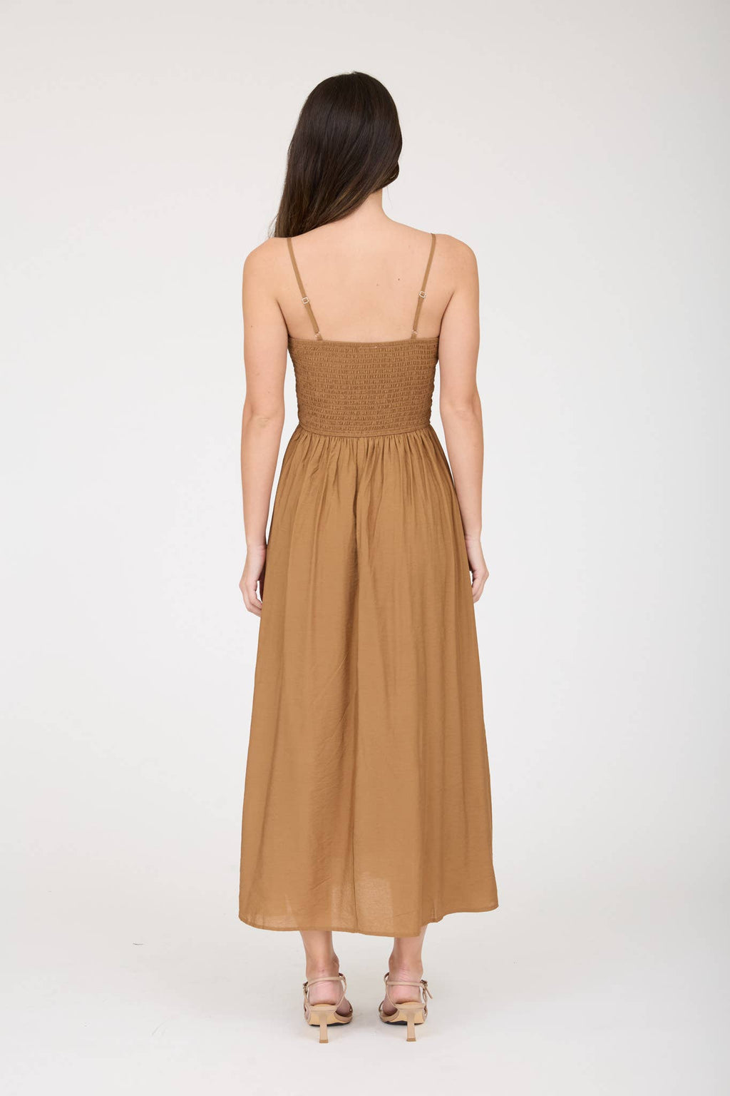 Brown Smocked Waist Midi Dress