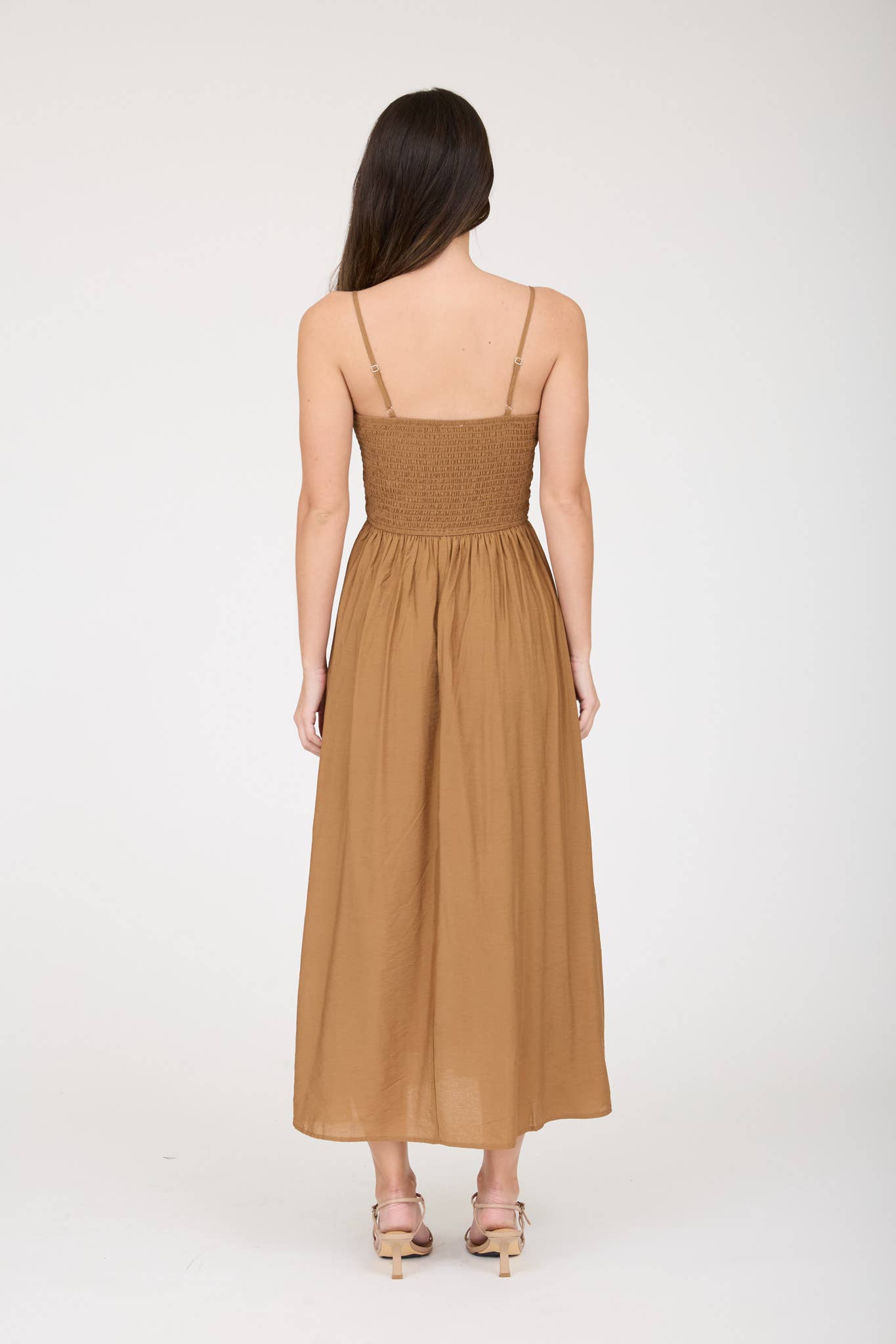 Brown Smocked Waist Midi Dress