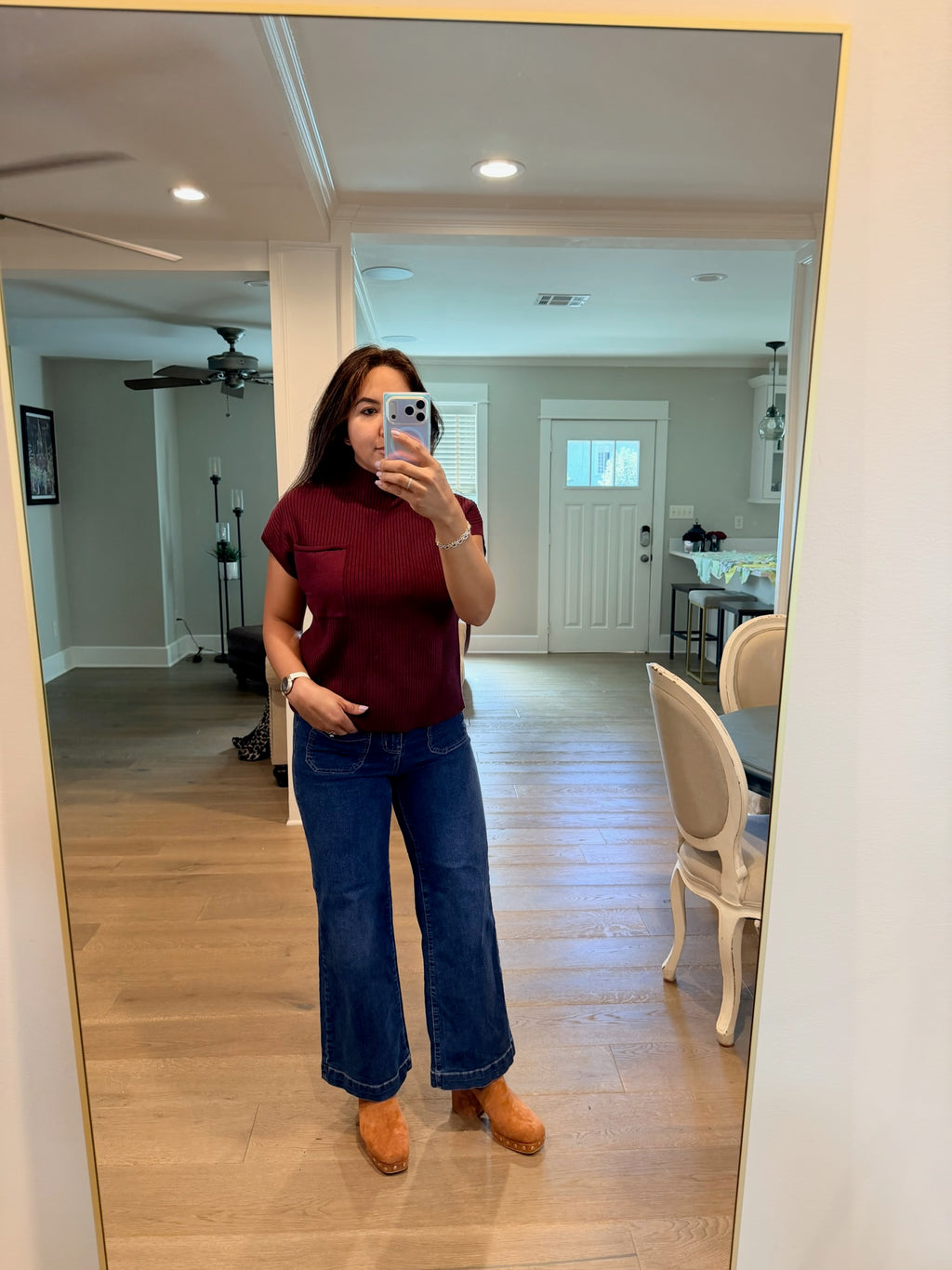 Maroon Ribbed knit Short Sleeve Sweater