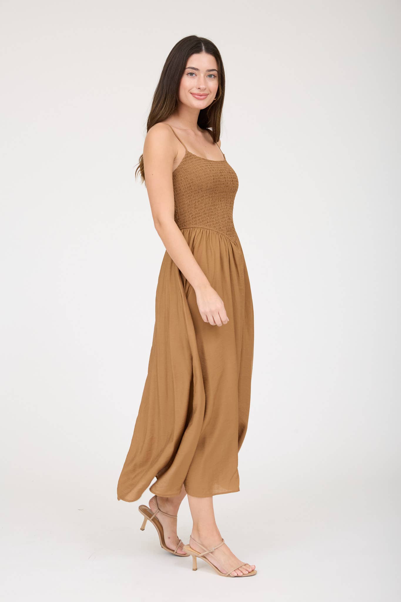 Brown Smocked Waist Midi Dress