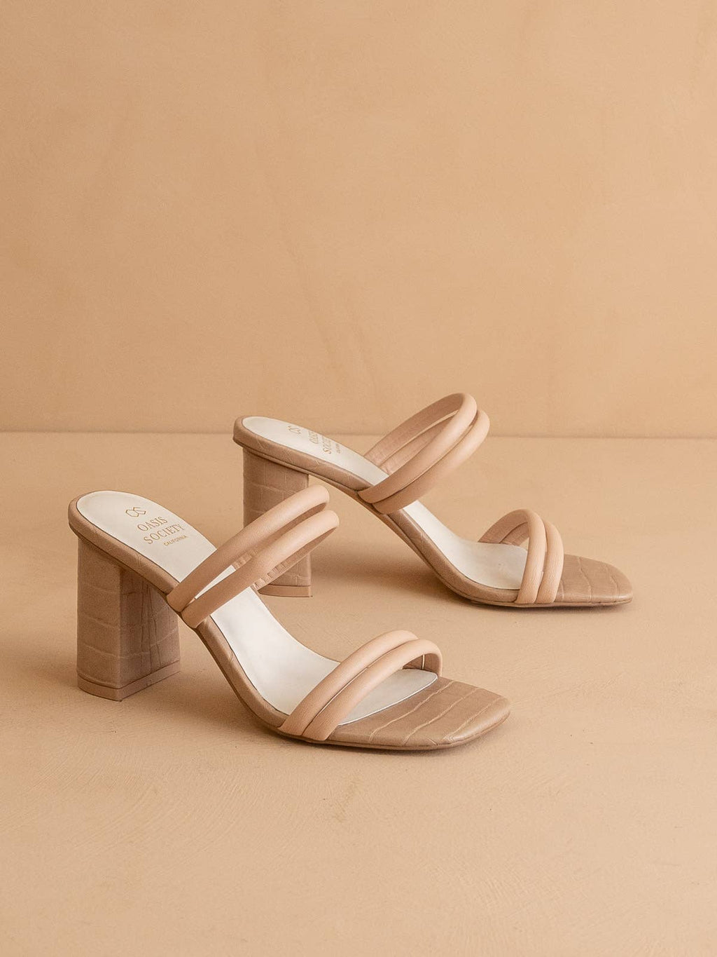 Oasis Society Angela Nude Alligator-Embossed Strappy Block Heel Sandals