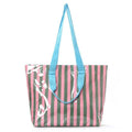 Pink & Green Striped Vinyl Tote Bag with Shoulder Strap | Large Beach & Travel Tote