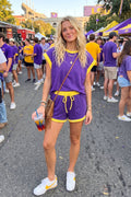 Sewn and Seen Purple and Gold Scuba Contrast Trim Two-Piece Game Day Set