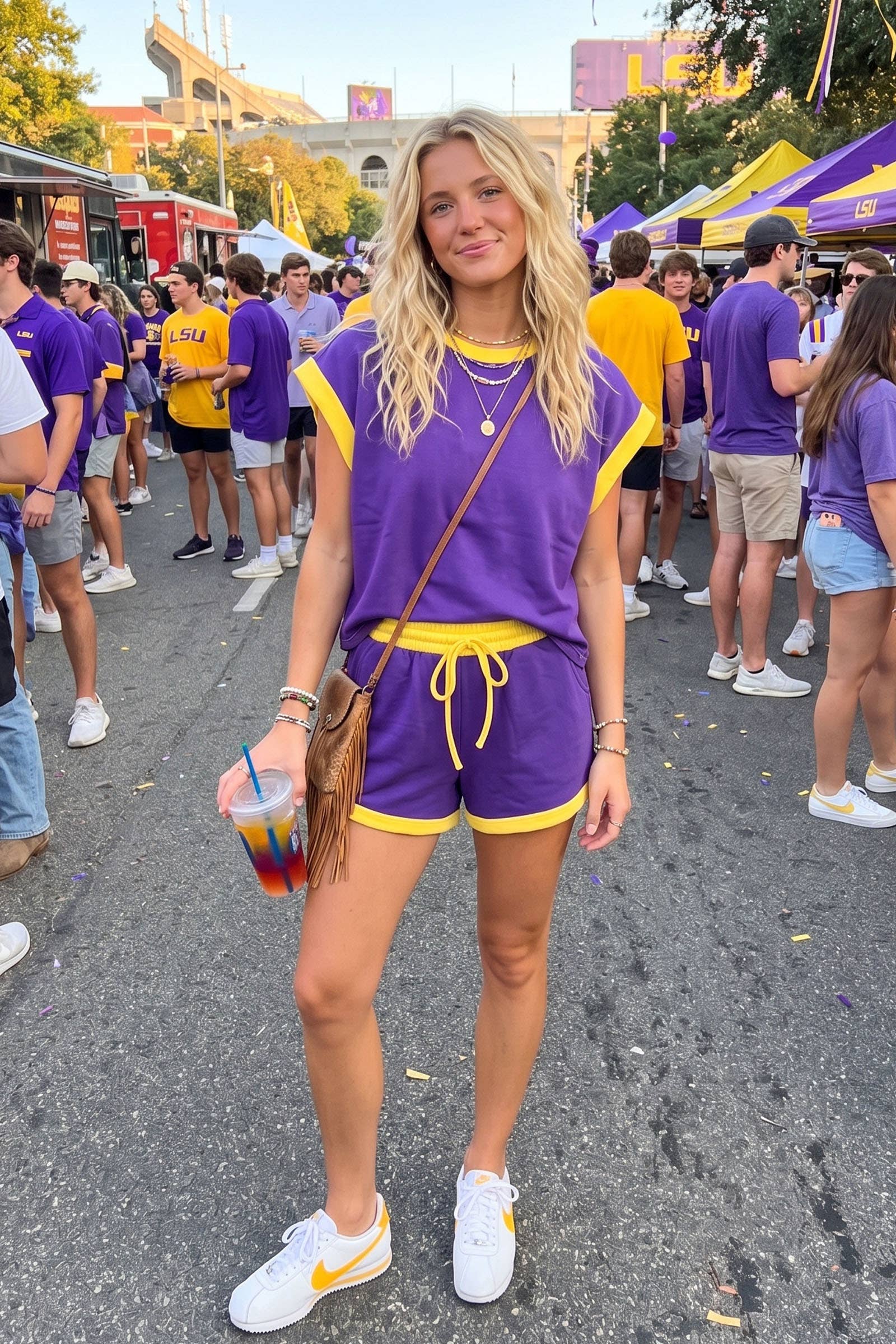 Sewn and Seen Purple and Gold Scuba Contrast Trim Two-Piece Game Day Set