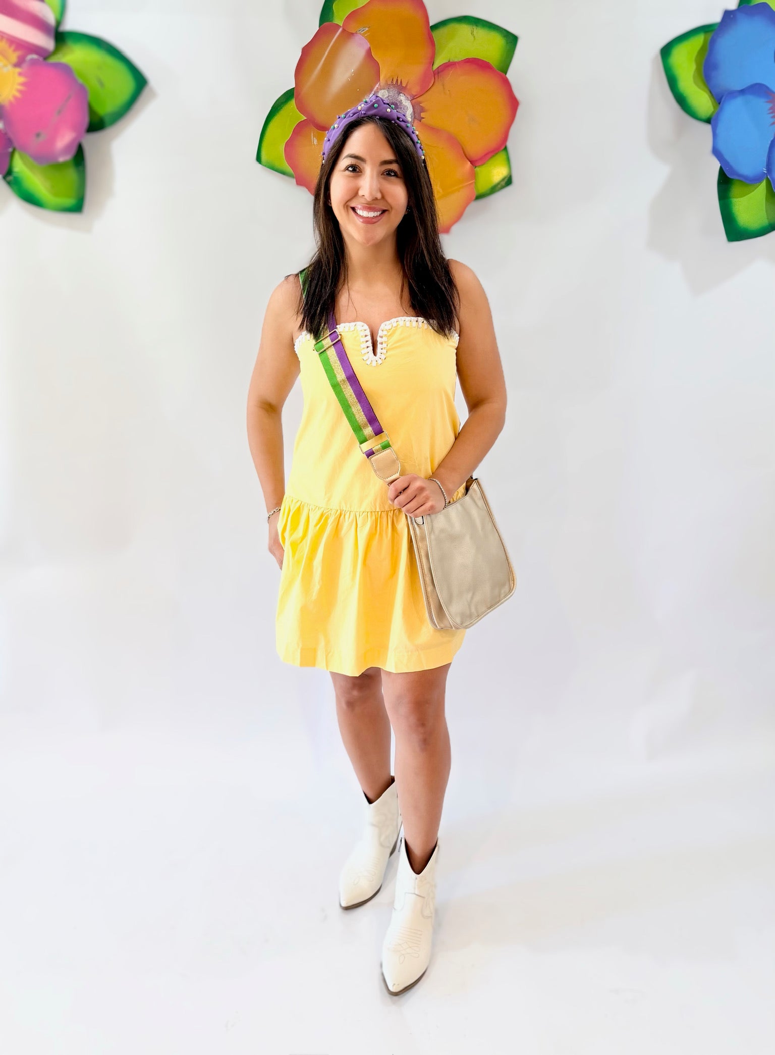Yellow Drop Waist Dress with Contrast Knot Detail