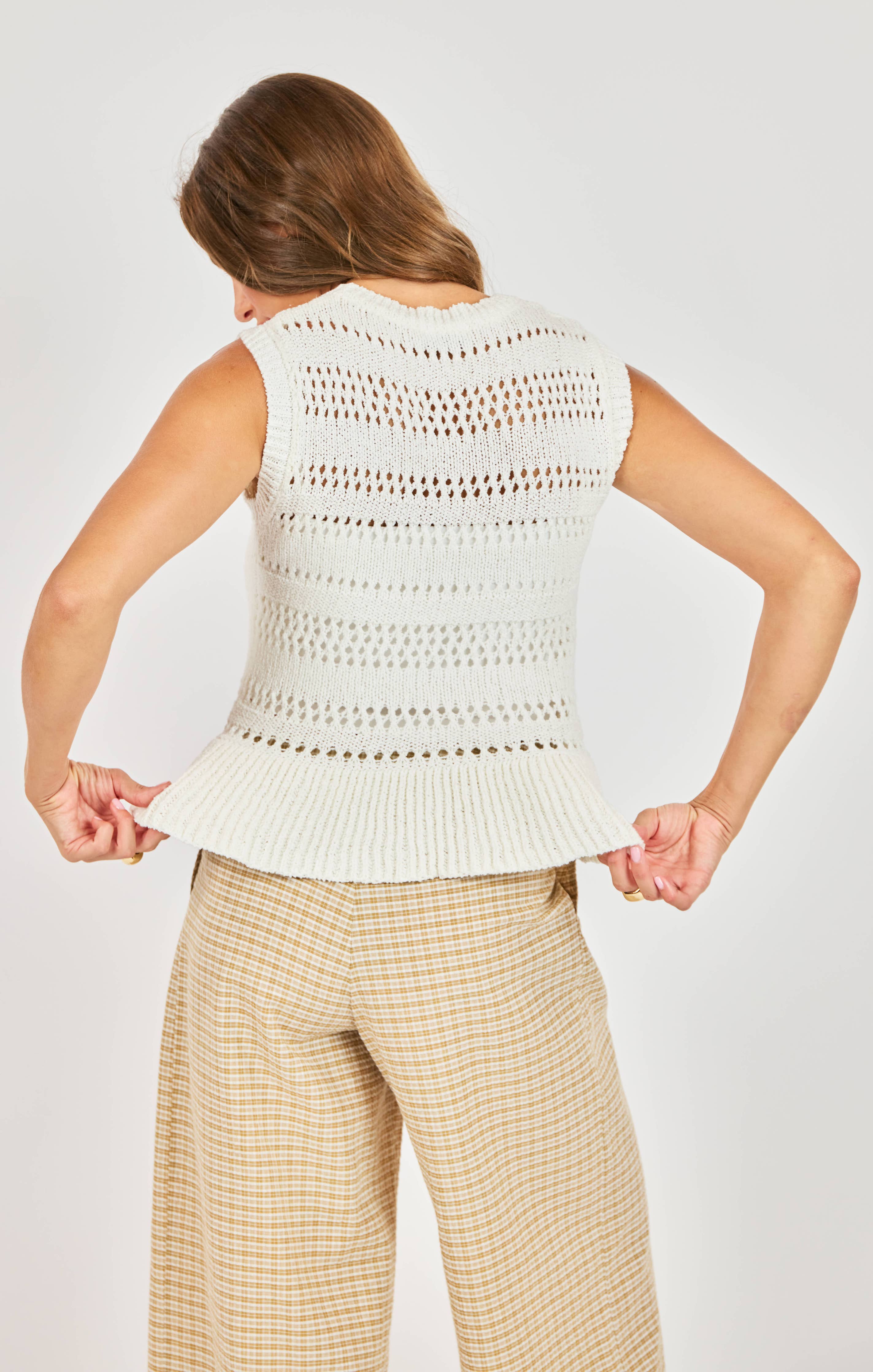 Lucinda Peplum Sweater Tank – White Knit Women’s Top