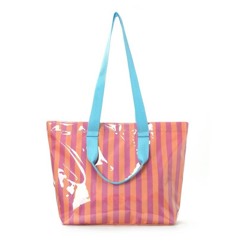 Fuchsia & Orange Striped Vinyl Tote Bag with Shoulder Strap | Large Beach & Travel Tote