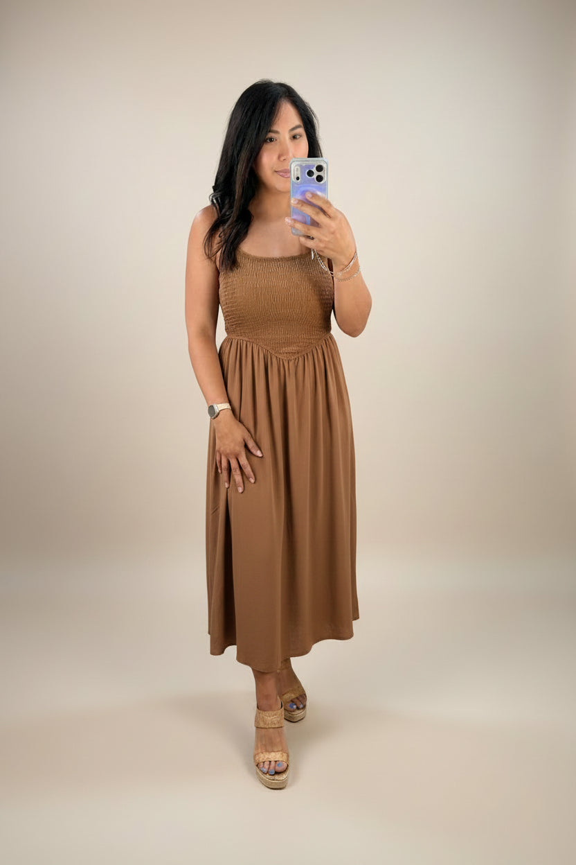 Brown Smocked Waist Midi Dress
