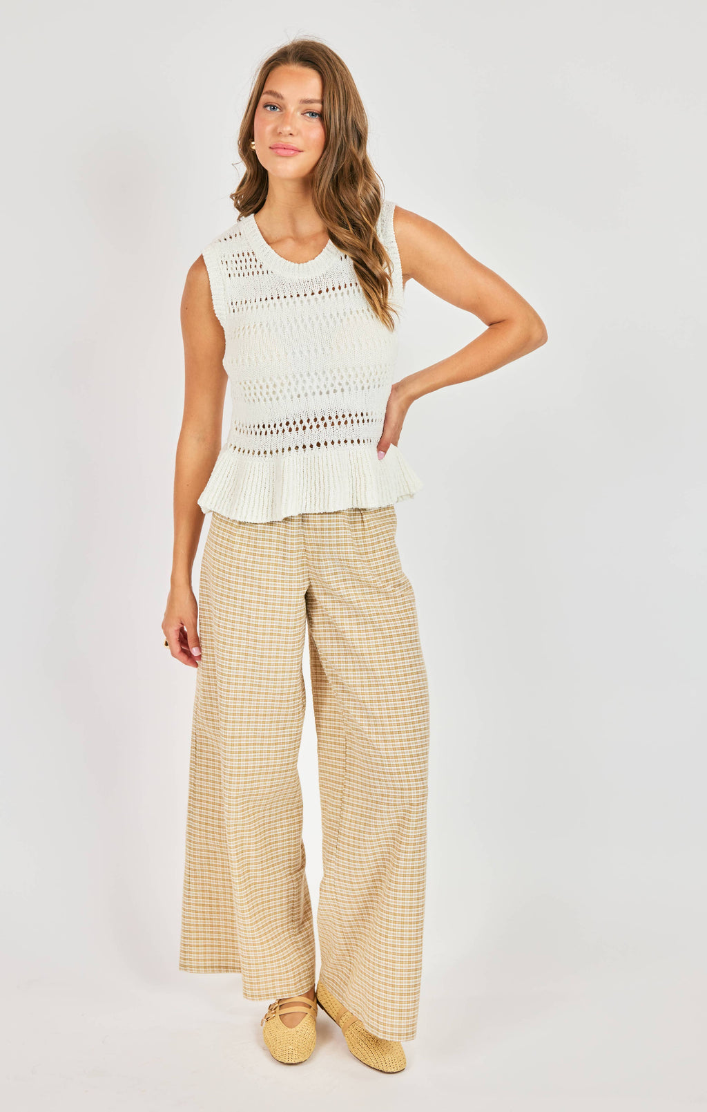 Lucinda Peplum Sweater Tank – White Knit Women’s Top