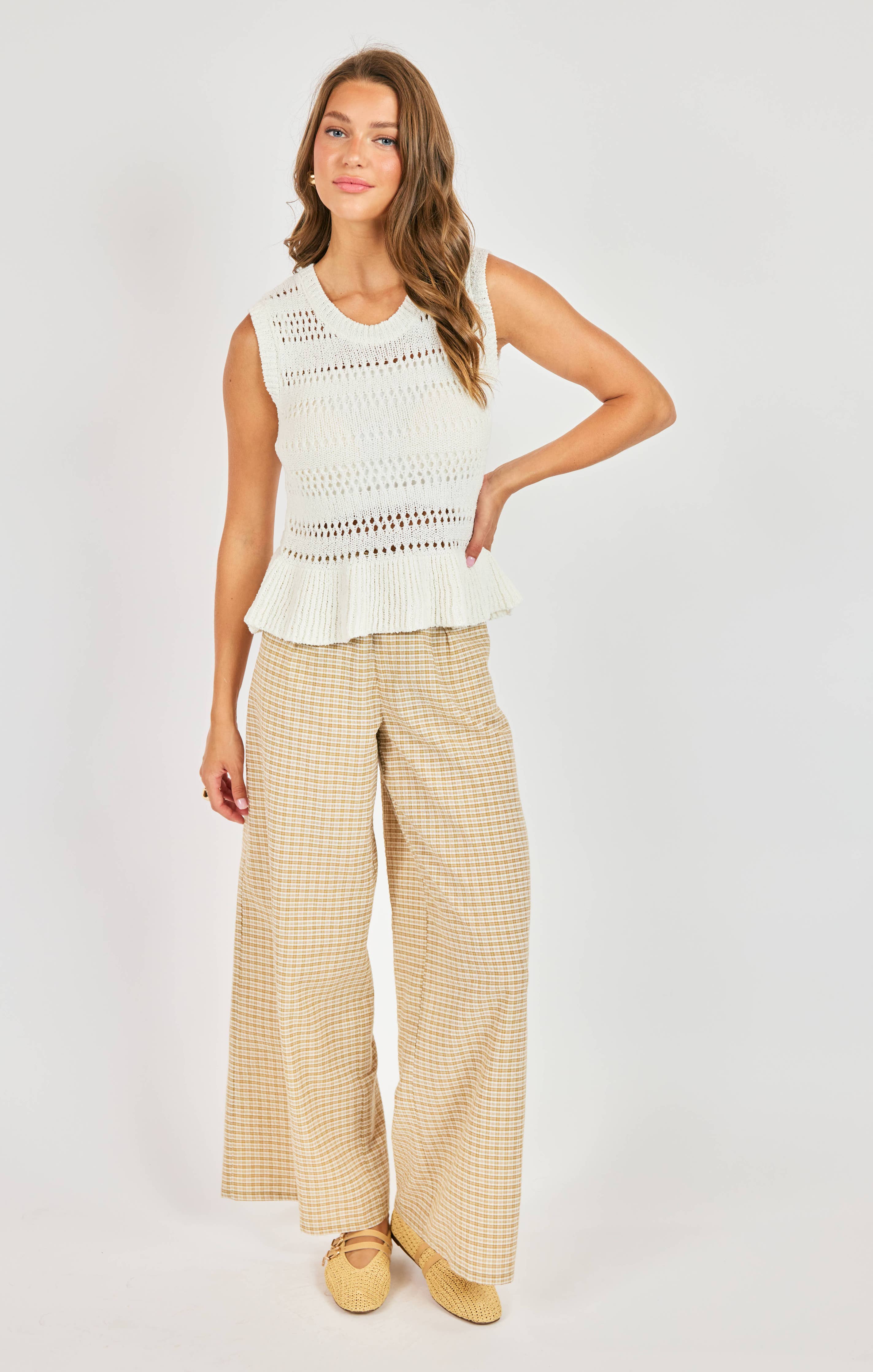 Lucinda Peplum Sweater Tank – White Knit Women’s Top