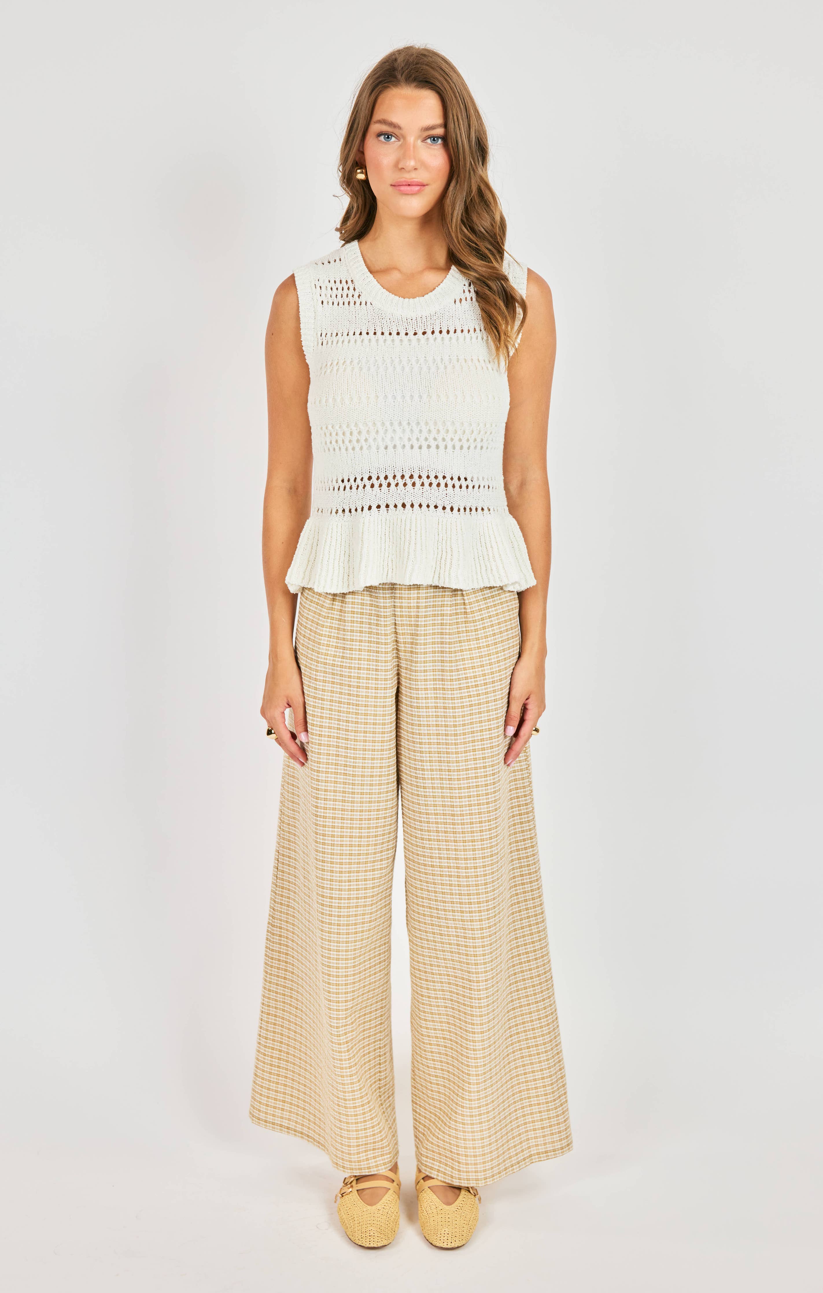 Lucinda Peplum Sweater Tank – White Knit Women’s Top