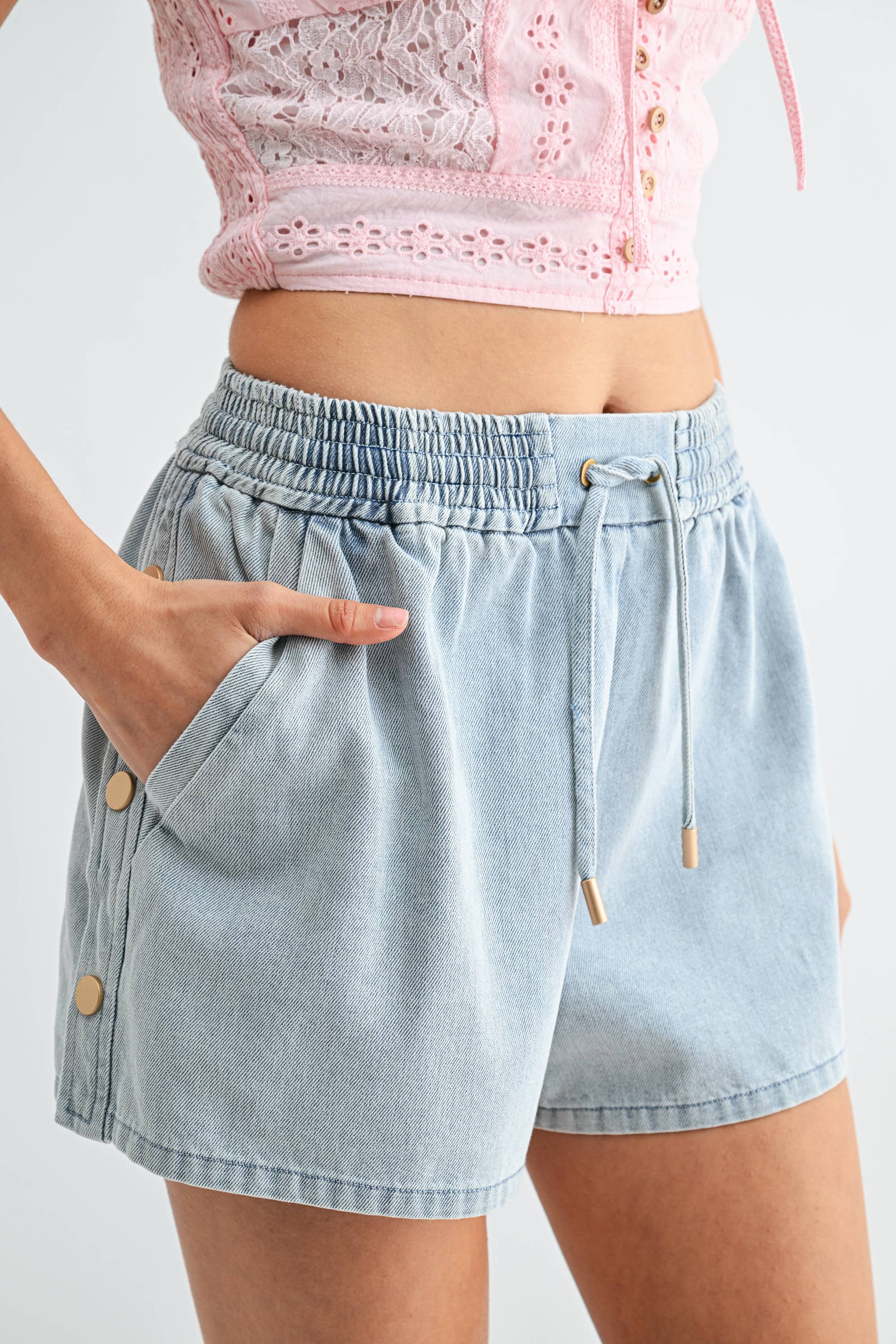 Camellia Washed Denim Drawstring Shorts | Side Button Detail Casual Summer Shorts
