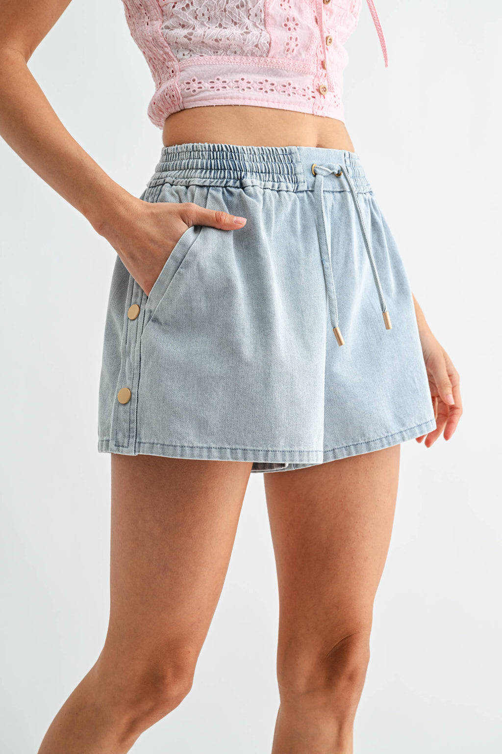 Camellia Washed Denim Drawstring Shorts | Side Button Detail Casual Summer Shorts