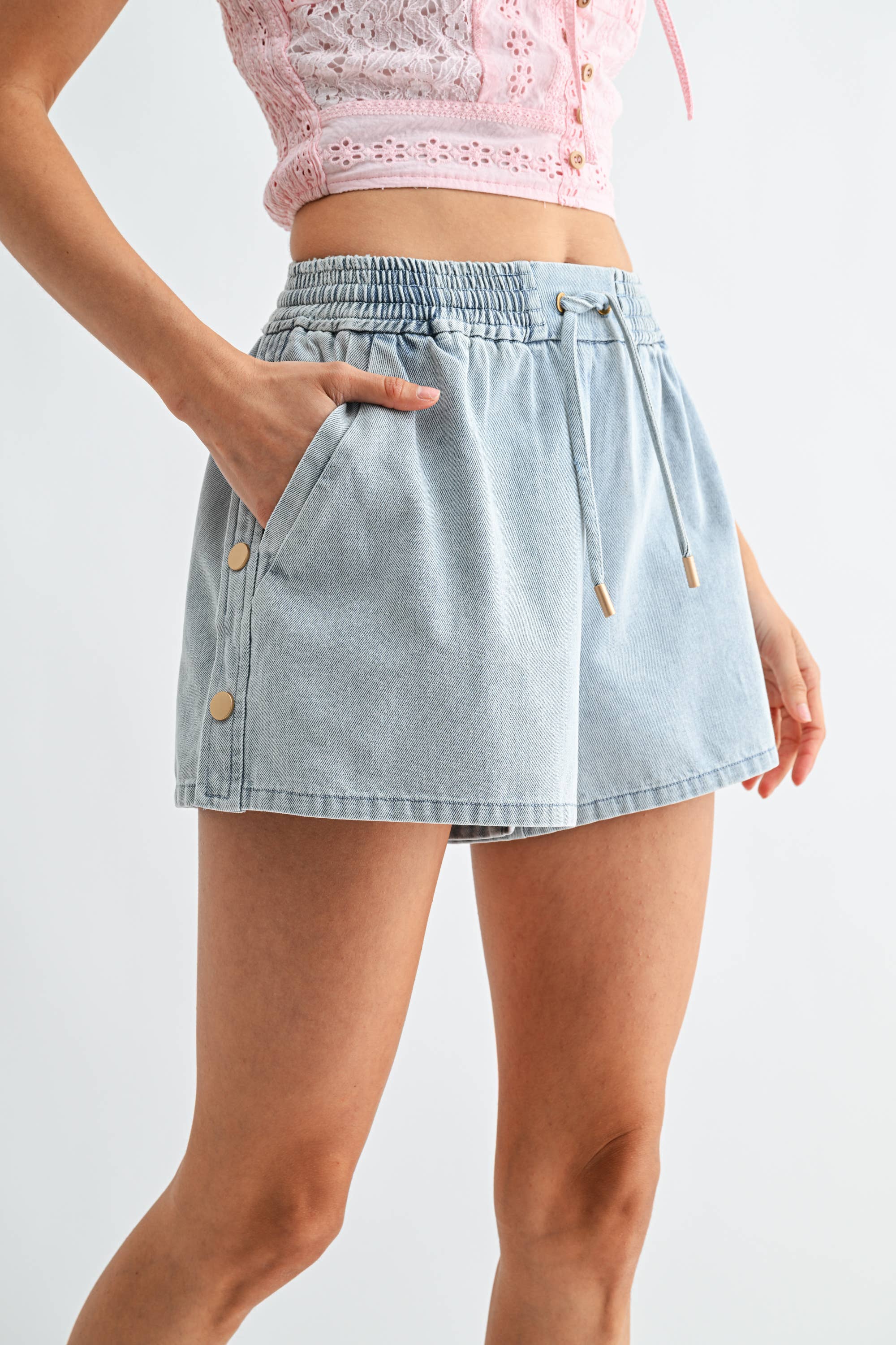 Camellia Washed Denim Drawstring Shorts | Side Button Detail Casual Summer Shorts