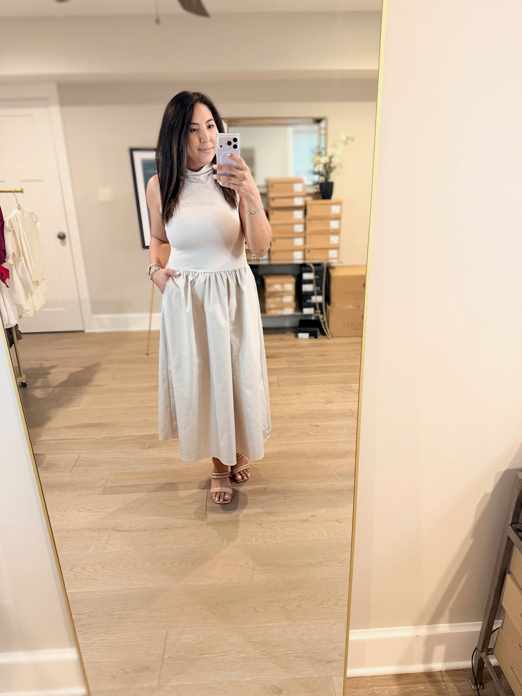 Naked Zebra Tan Sleeveless Mock Neck Midi Dress