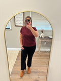 Maroon Ribbed knit Short Sleeve Sweater
