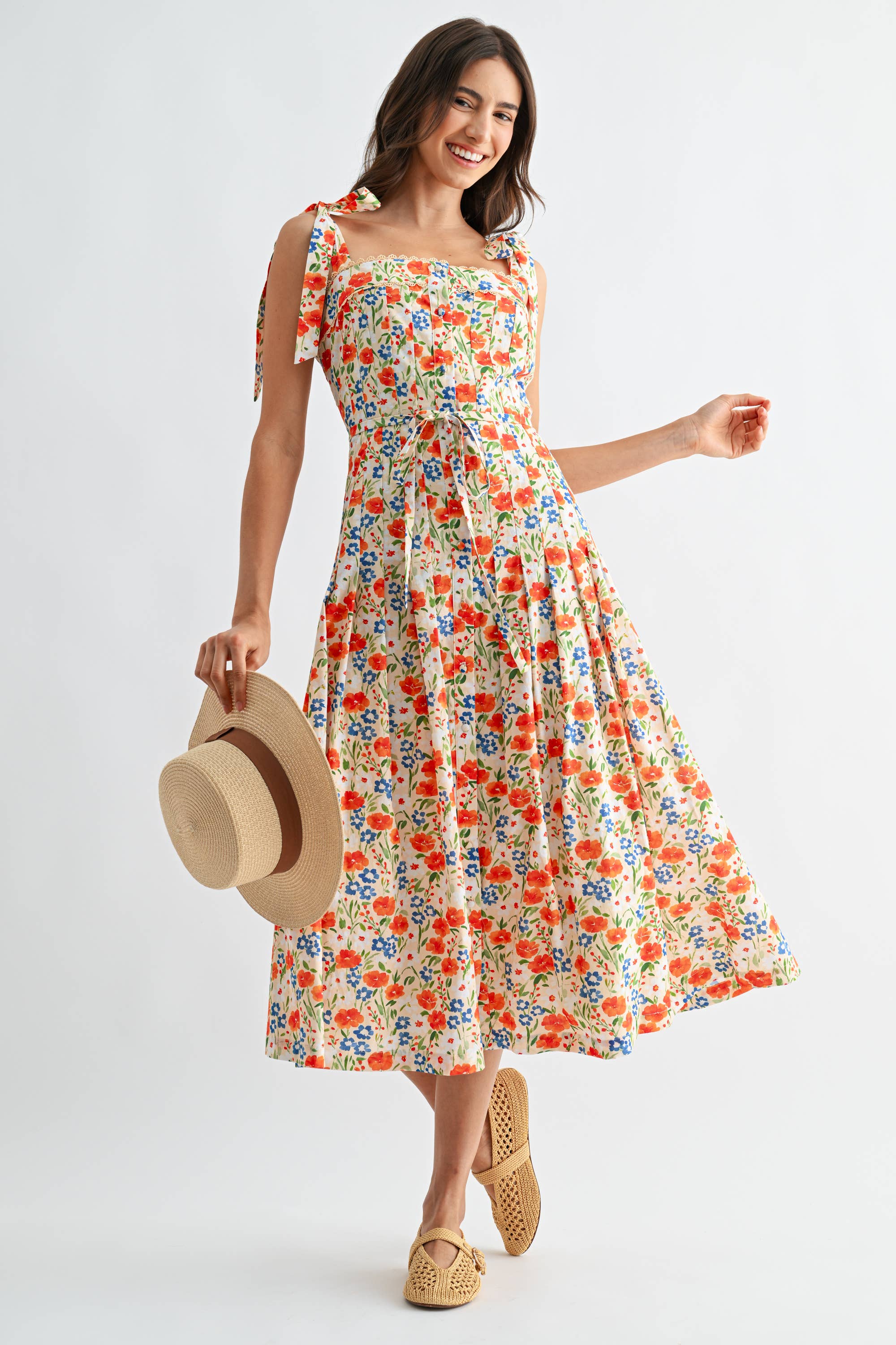 Camellia Floral Tie-Shoulder Belted Midi Dress