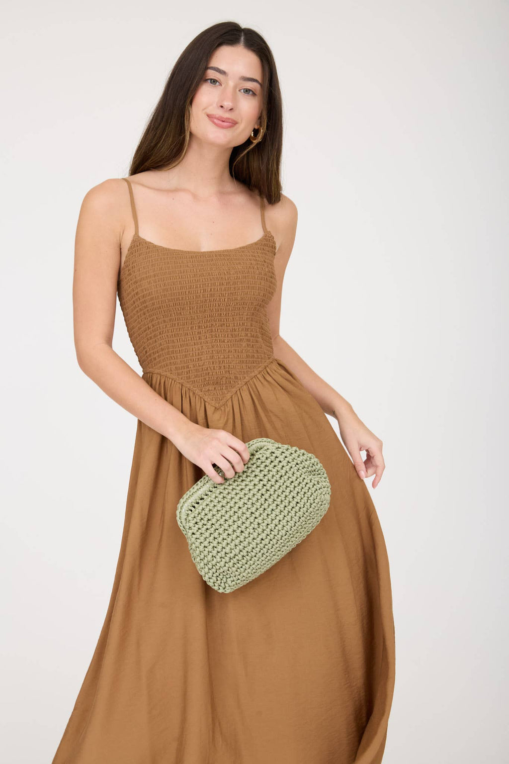Brown Smocked Waist Midi Dress