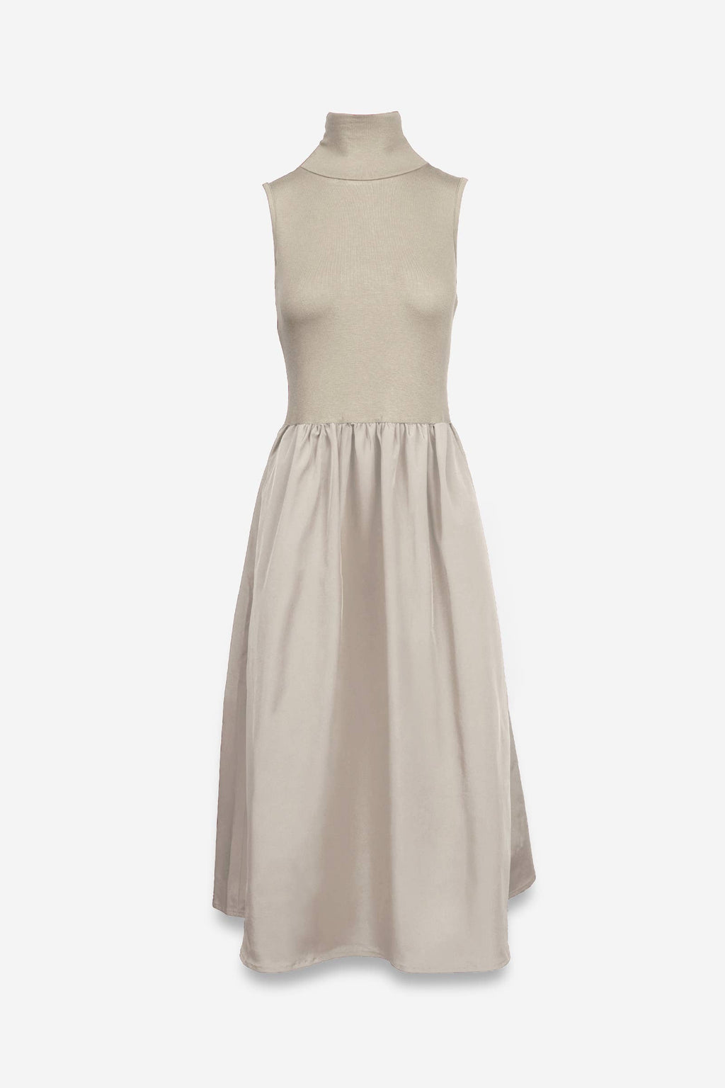 Tan Sleeveless Mock Neck Midi Dress