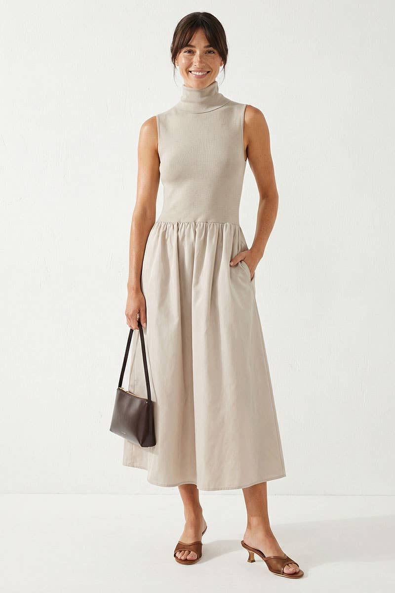 Tan Sleeveless Mock Neck Midi Dress