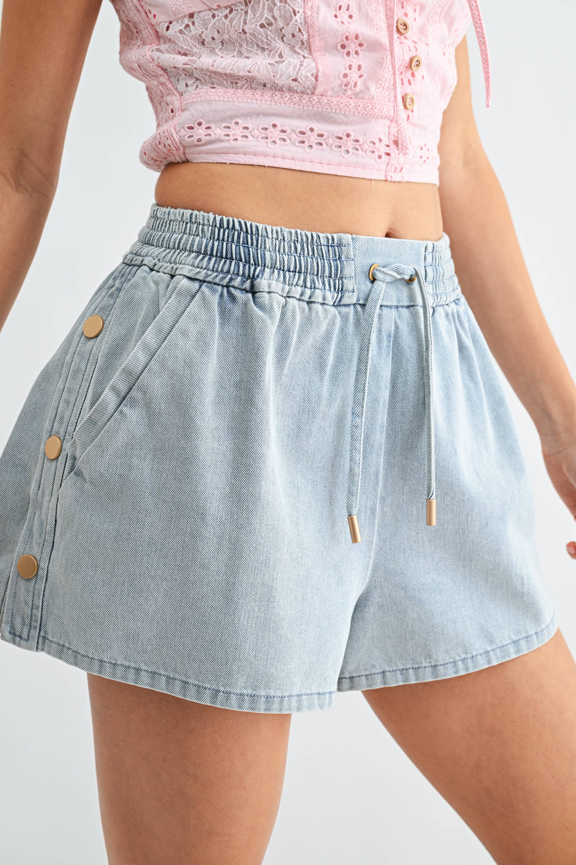 Camellia Washed Denim Drawstring Shorts | Side Button Detail Casual Summer Shorts
