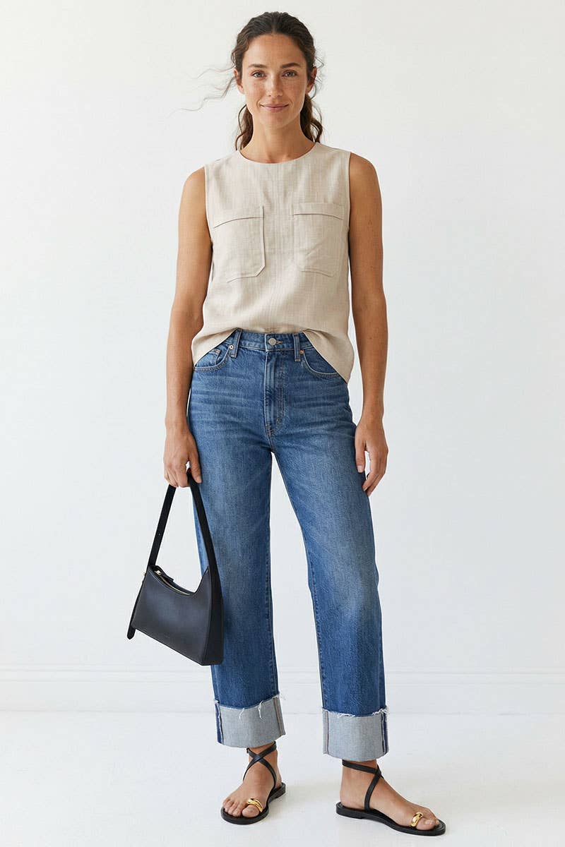 Naked Zebra | Women’s Linen Blend Sleeveless Top with Back Zipper Detail - Off White